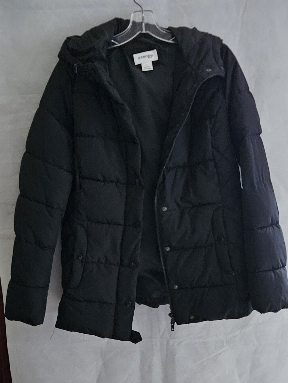 St John's Bay Black Quilted Puffer Jacket Snap & Zipper Front Hooded